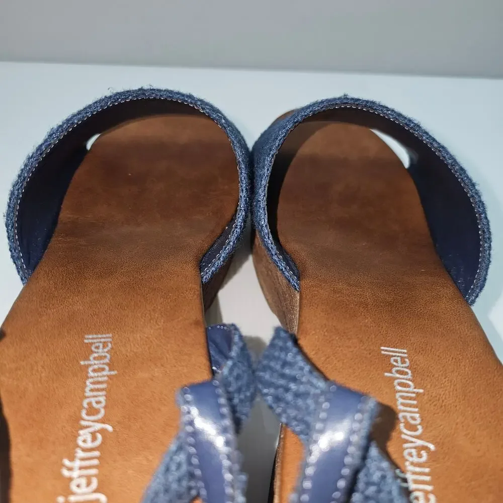 Jeffrey Campbell On Deck Platform Sandal Womens 10 Navy Blue Wood Wedge Heel